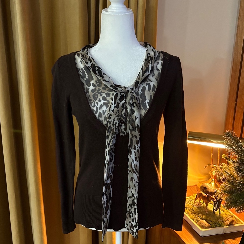 AGB Petite Brown Sweater with Cheetah Print Scarf Detail Long Sleeve Top